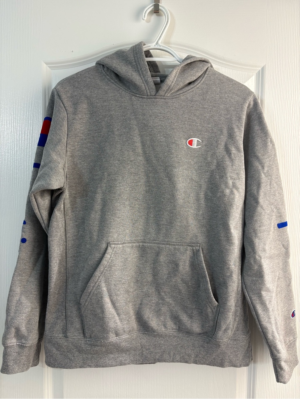 Champion Gray Hooded Pullover with Small Logo and Sleeve Accents